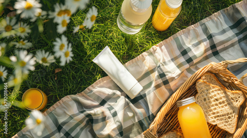 an ultra-detailed top-view photograph of a mock-up sunscreen tube placed on a checked pastel blanket in a wicker basket at a grass in a park under the warm glow of natural sunlight. photo