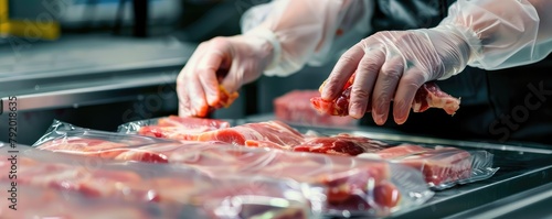 A professional butcher in a sanitized environment cleanly packages raw steak cuts in plastic trays.