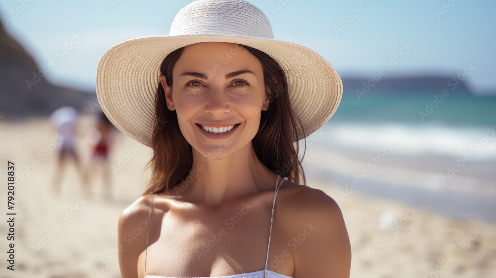 Beautiful Woman with straw hat on beach