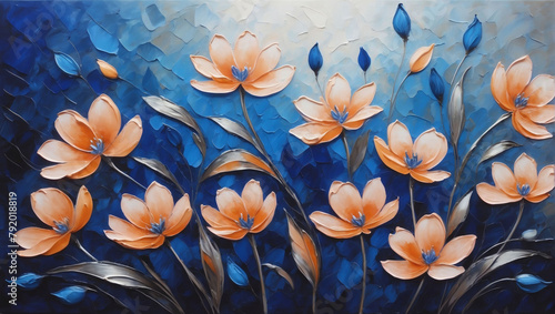 Abstract oil painting of Cobalt and peach petals, flowers with pewter lines, using a palette knife.