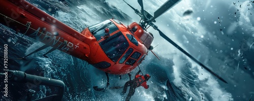 ocean rescue captured from above, showing a helicopter hovering over churning ocean waters with a rescuer being lowered.