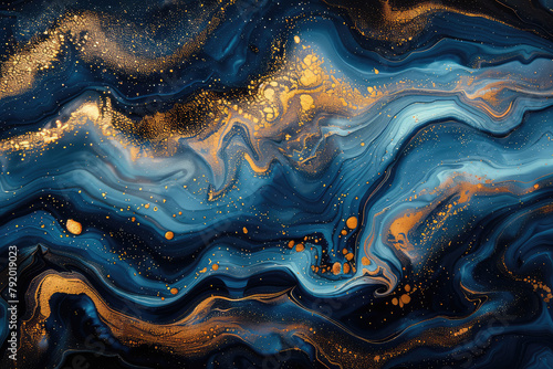  Ethereal blue and gold swirls resembling an ocean, creating a sense of depth with fluid lines and shimmering details. Created with Ai