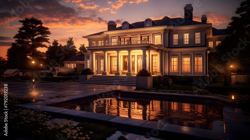 A panoramic shot of a beautiful house in the evening light