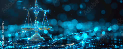 Blue glowing justice scales made of particles on dark background. photo