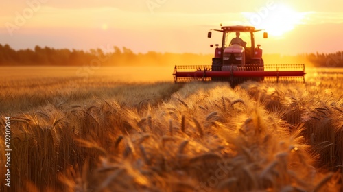 a tractor is driving through a field of wheat at sunset