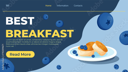 Home page with the best breakfasts. Landing page design for a cafe, restaurant. Website with cheesecakes
