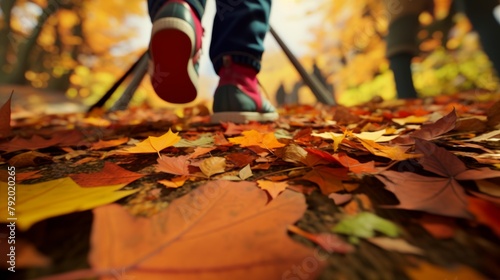 crisp fall day, red sneakers crunch through colorful autumn leaves photo