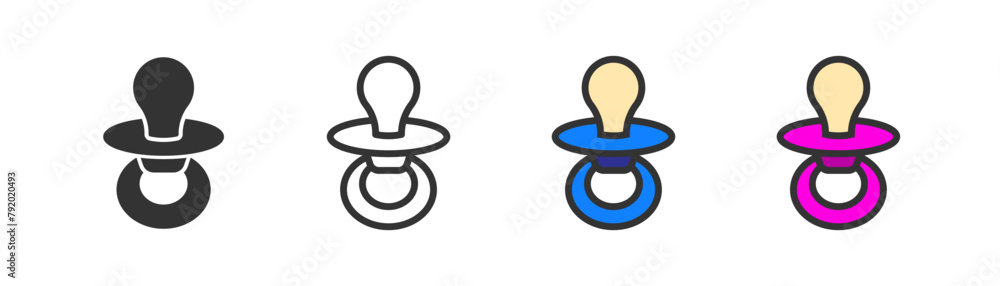 Child pacifier icon set, blue and pink as boy and girl. Toddler symbol. Baby dummy, soother or teether, baby shower holiday. Line flat and colored vector illustration.