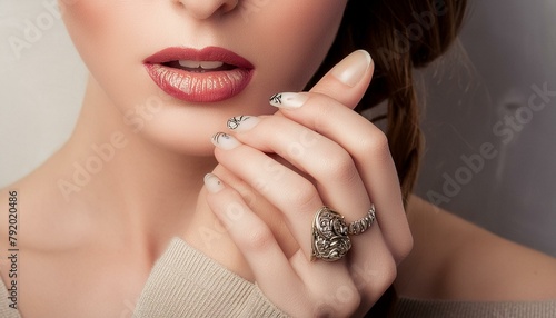 Hübsche Frau mit schöne Lippen und gepflegte Fingernägel.  photo