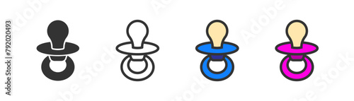 Child pacifier icon set, blue and pink as boy and girl. Toddler symbol. Baby dummy, soother or teether, baby shower holiday. Line flat and colored vector illustration.