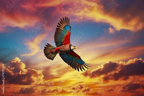 A bird soaring through a vibrant sunset © KamrunNahar