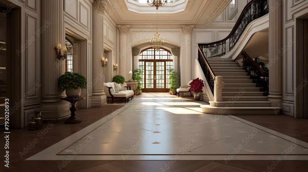 3d rendering of the interior of an old mansion with a staircase