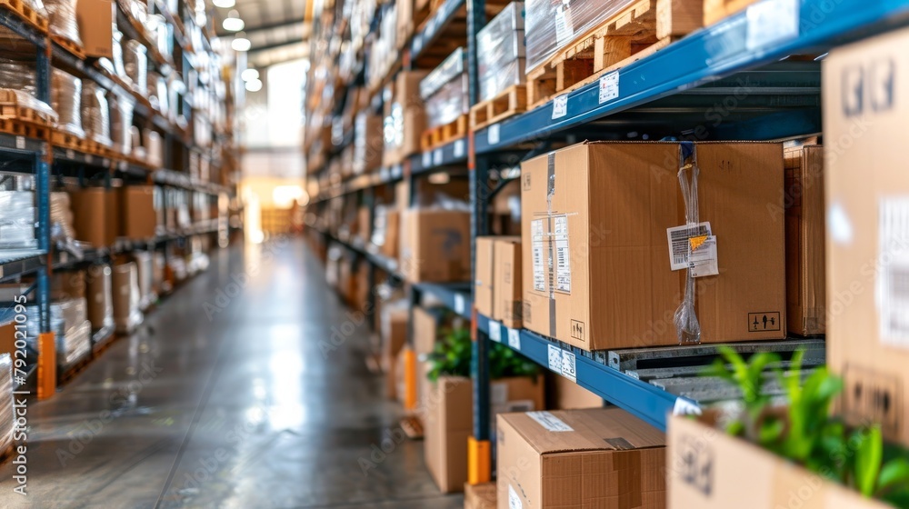 A warehouse full of shelves with boxes on them. A warehouse full of shelves with boxes on them.
