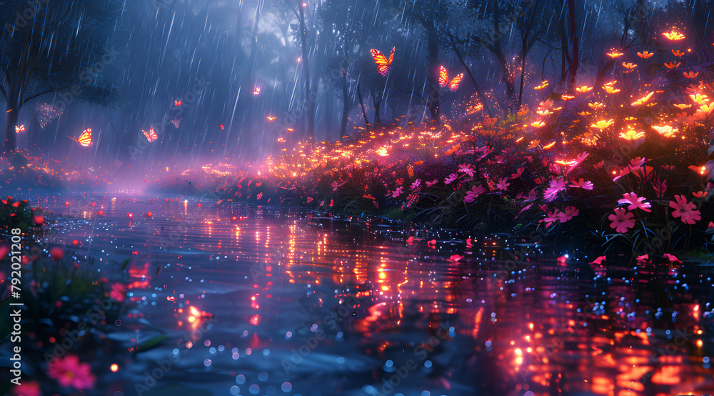 Glowing Garden Symphony: Raindrops and Butterflies Illuminate the Enchanted Scene