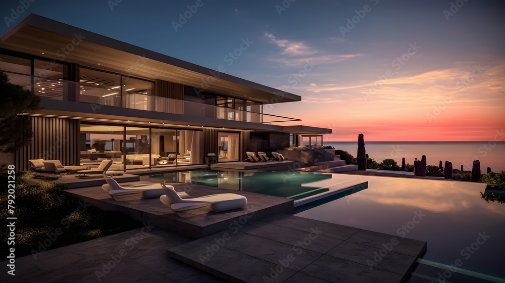 Luxury house with swimming pool at sunset. Panoramic view