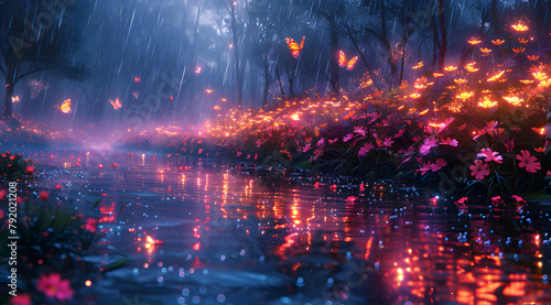 Glowing Garden Symphony: Raindrops and Butterflies Illuminate the Enchanted Scene
