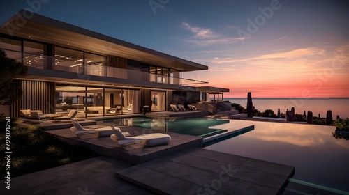 Luxury house with swimming pool at sunset. Panoramic view © Iman