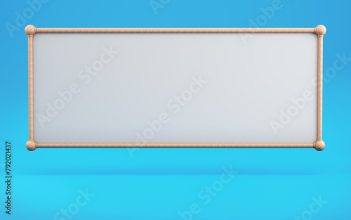 Abstract wooden frame shape with blank white banner on bright blue background