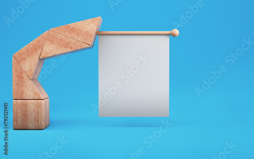 Abstract wooden geometrical shape with blank white banner on bright blue background