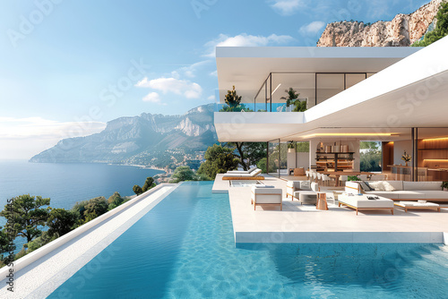 Modern villa with infinity pool and mountain view, real estate concept. Modern house design in white color on the sea cliff, interior of luxury home with panoramic window. Created with Ai