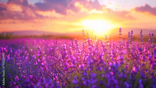 Beautiful landscape of blooming lavender field with mountains in the background