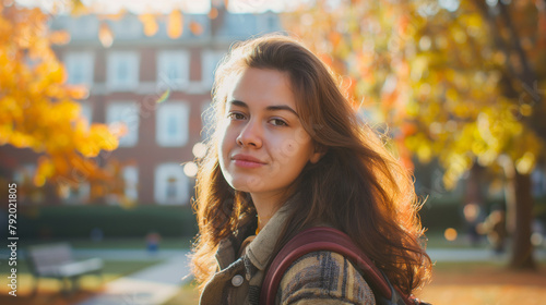 Garota universitária com mochila nas costas no Campus photo