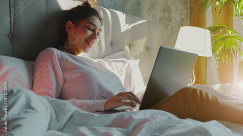 Mulher usando o laptop  na cama  photo