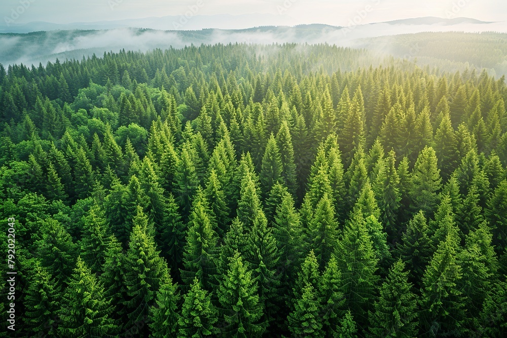 Fototapeta premium Experience a drone's eye view of a verdant forest teeming with green trees, showcasing abundant foliage capturing CO2