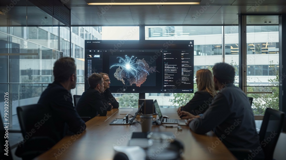 © jackfrost_studio - A marketing team, intently focused and gathered around a sleek conference table, watches a workshop video on a large screen that displays a desktop brimming with AI tools