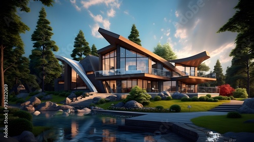 3d rendering of modern cozy house with pool and parking for sale or rent. Beautiful forest in background. Clear summer evening with blue sky.