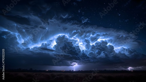 Stormy Night Sky: Dark Clouds, Lightning, and Eerie Atmosphere. Concept Stormy Night Sky, Dark Clouds, Lightning, Eerie Atmosphere, Weather Photography