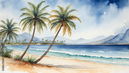 Beachside scene rendered in watercolor  featuring palm trees against a backdrop of the sea  presented in isolation on a white background.