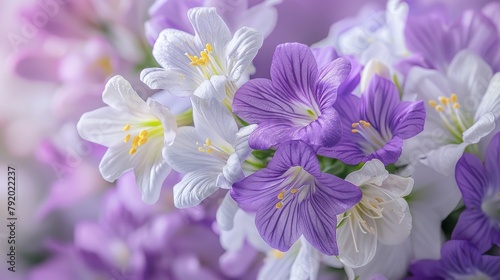 Delicate dance of purple and white flowers in full springtime bloom