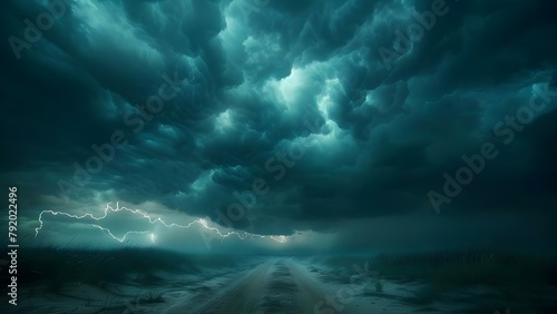 Dramatic stormy night sky with dark clouds lightning and eerie atmosphere. Concept Dramatic Sky, Stormy Weather, Dark Clouds, Lightning, Eerie Atmosphere