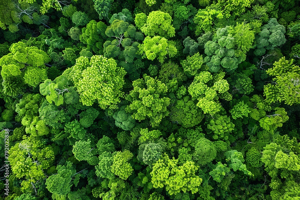 Experience a drone's eye view of a verdant forest teeming with green trees, showcasing abundant foliage capturing CO2