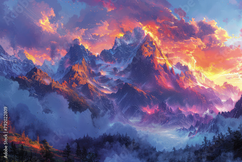 Dungeons and Dragons artwork of mountains, purple sky with clouds, misty atmosphere. Created with Ai #792022809