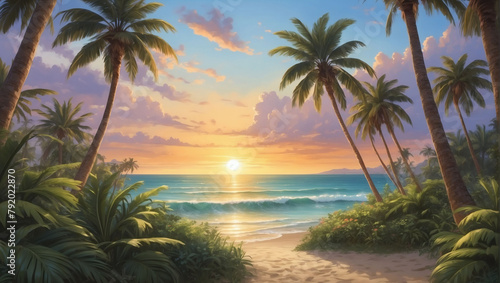 Calming sunset vista observed through the lush foliage of palm trees with a serene ocean backdrop.