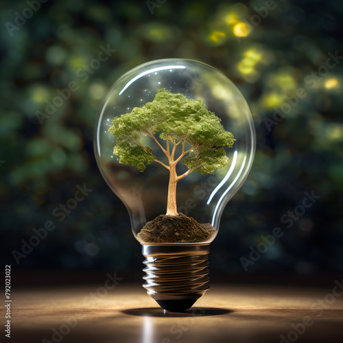 Protect the nature with tree around as symbol for sustainable developmen and responsible environmental and energy sources for renewable. Tree in the light bauble. Abstract concept.