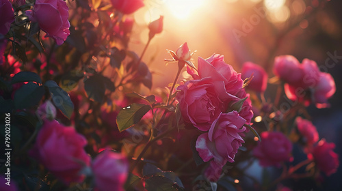 Sunset Glow on Blooming Rose Garden photo
