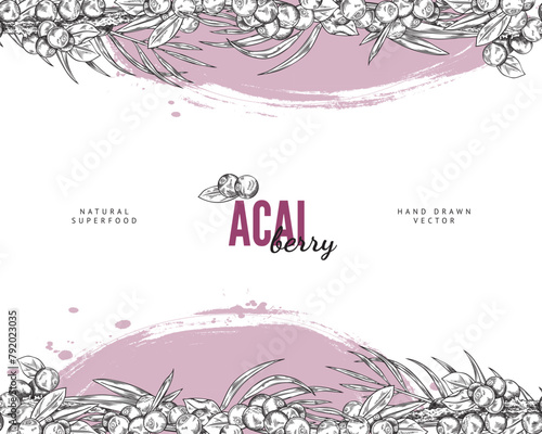Seamless pattern border with Acai berries and leaves, vector engraved hand drawn natural fruit, antioxidant superfood