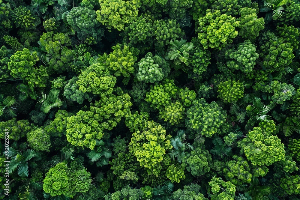 Experience a drone's eye view of a verdant forest teeming with green trees, showcasing abundant foliage capturing CO2