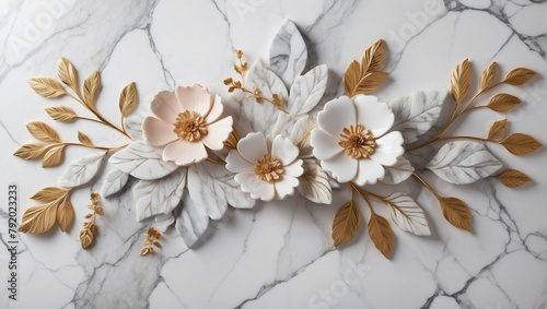 Chic wall decoration featuring a marble background with intricate flower designs  offering a touch of elegance and charm to your space.