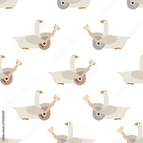 Geese with gusli vector seamless pattern. Music wallpaper design, musical fabric design with domestic birds