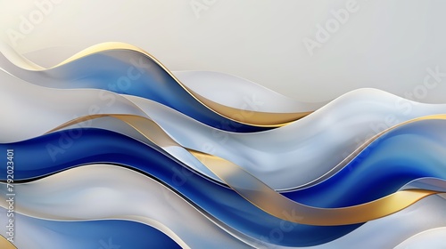 3D abstract background with blue and white waves, a golden ribbon in the middle of them, light gray gradient background, closeup, ultrahigh definition resolution, no characters, minimalist style, flow photo