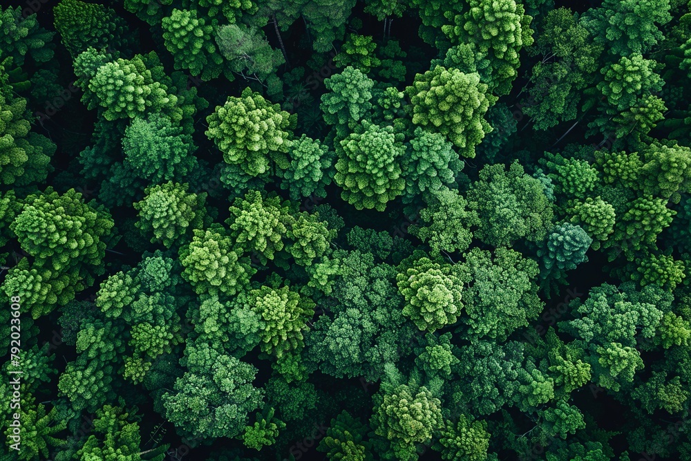 Experience a drone's eye view of a verdant forest teeming with green trees, showcasing abundant foliage capturing CO2 Experience a drone's eye view of a verdant forest teeming with green trees, showcasing abundant foliage capturing CO2