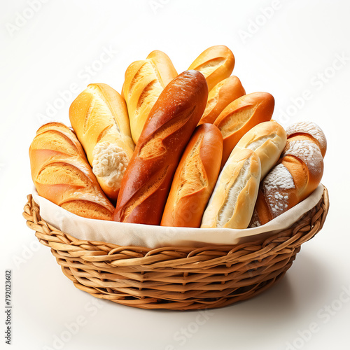 freshly baked bread in a basket, isolated on a white background