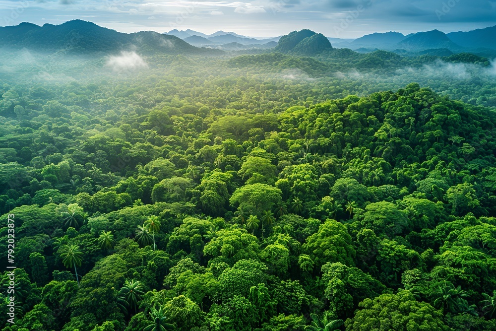 Experience a drone's eye view of a verdant forest teeming with green trees, showcasing abundant foliage capturing CO2 Experience a drone's eye view of a verdant forest teeming with green trees, showcasing abundant foliage capturing CO2
