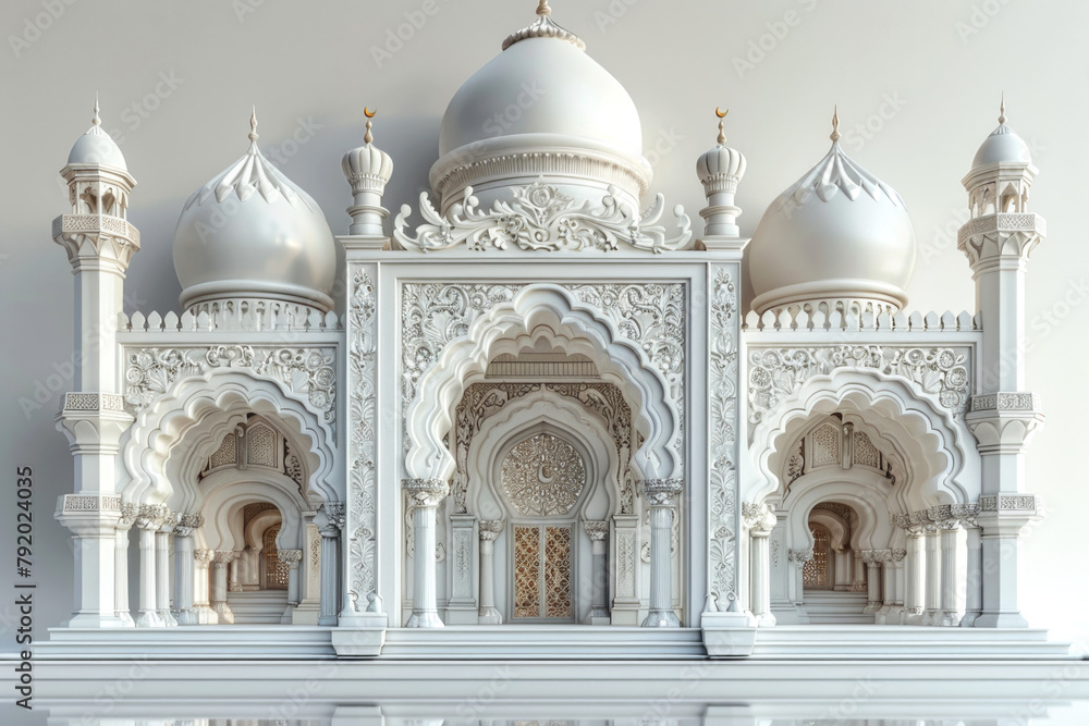 Majestic white palace facade with Islamic architecture, ideal for historical concepts. End of Eid al-Fitr.