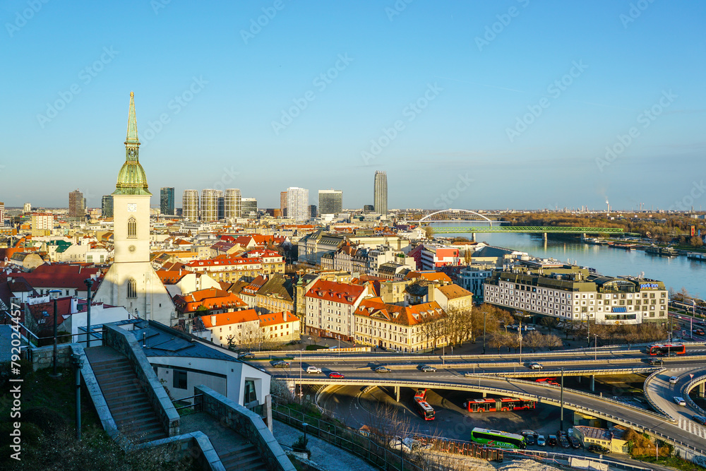 Fototapeta premium Bratislava panorama on a sunny day, the skyline of Bratislava as seen from Bratislava Castle