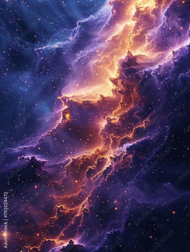 Cosmic Majesty Exploring the Abstract Purple and Gold Nebulae of the Universe